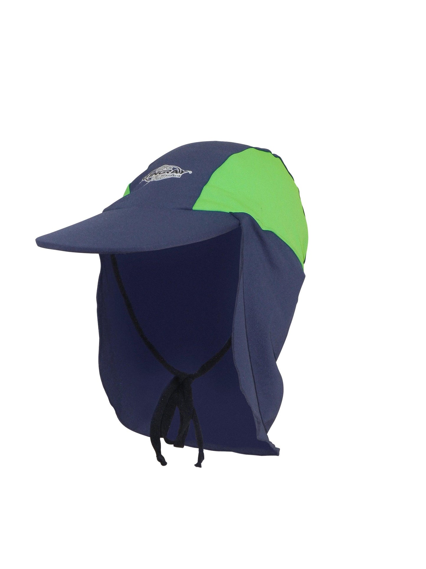 Navy and lime Stingray Kids' Legionnaire Cap UPF 50+ in chlorine-resistant fabric, offering sun protection and featuring a secure drawstring.