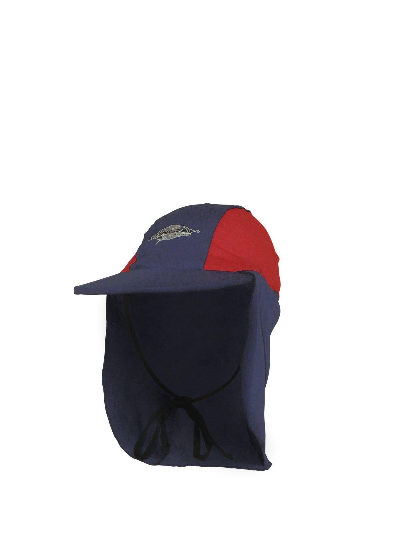 Navy and red Stingray Kids' Legionnaire Cap UPF 50+ in chlorine-resistant fabric, offering sun protection and featuring a secure drawstring.