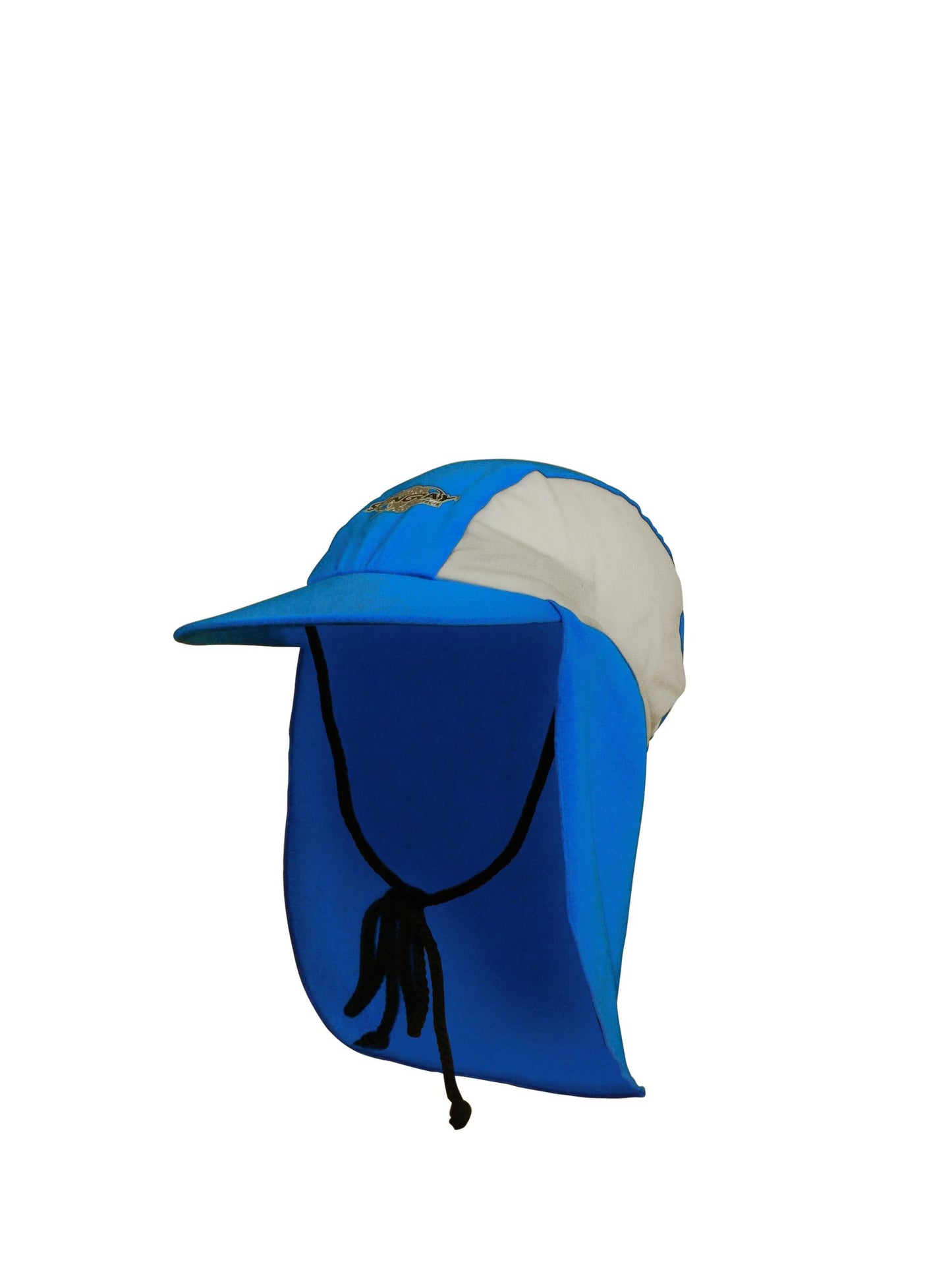 Ocean blue and white Stingray Kids' Legionnaire Cap UPF 50+ in chlorine-resistant fabric, offering sun protection and featuring a secure drawstring.