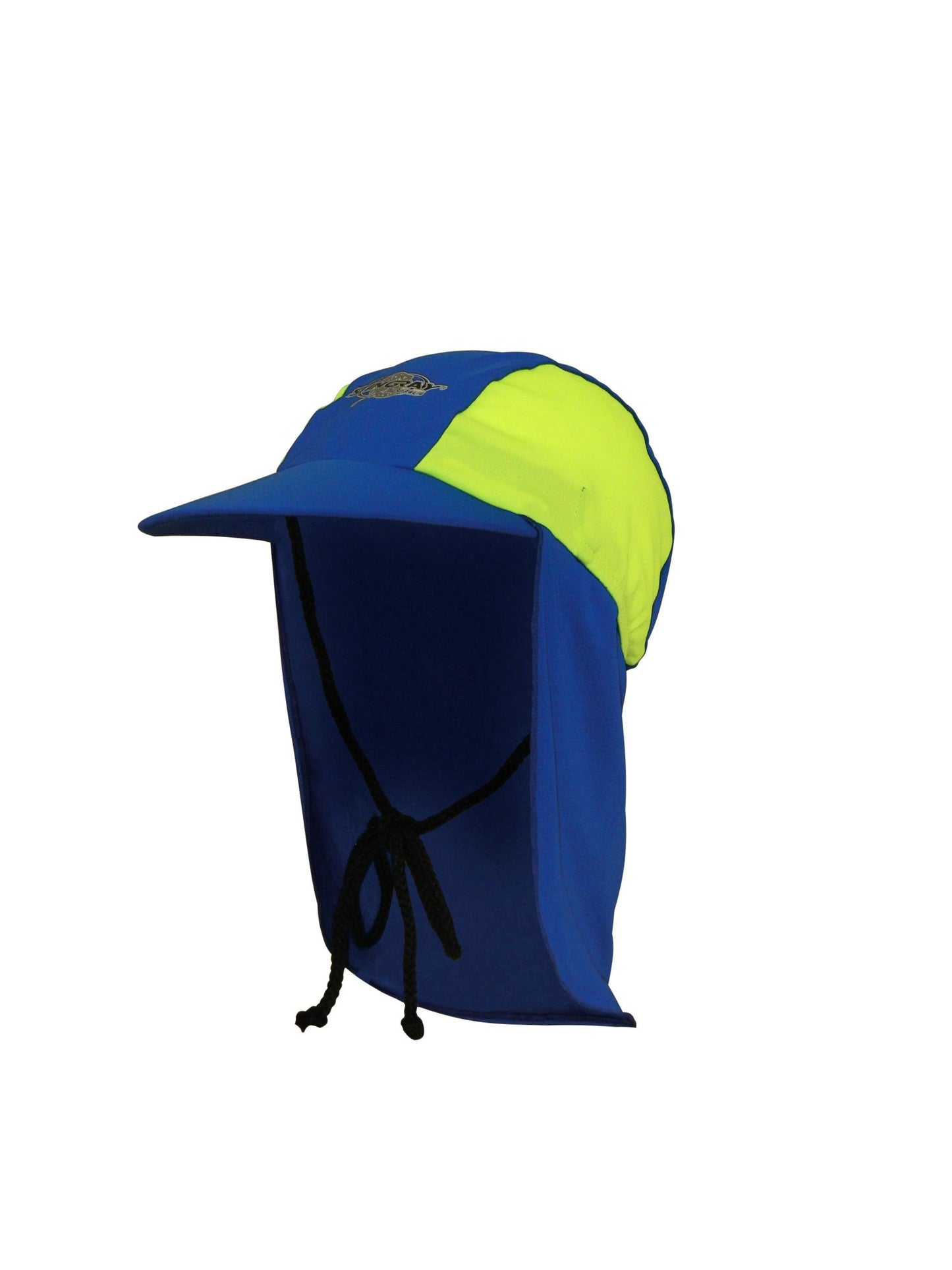 Ocean blue and yellow Stingray Kids' Legionnaire Cap UPF 50+ in chlorine-resistant fabric, offering sun protection and featuring a secure drawstring.