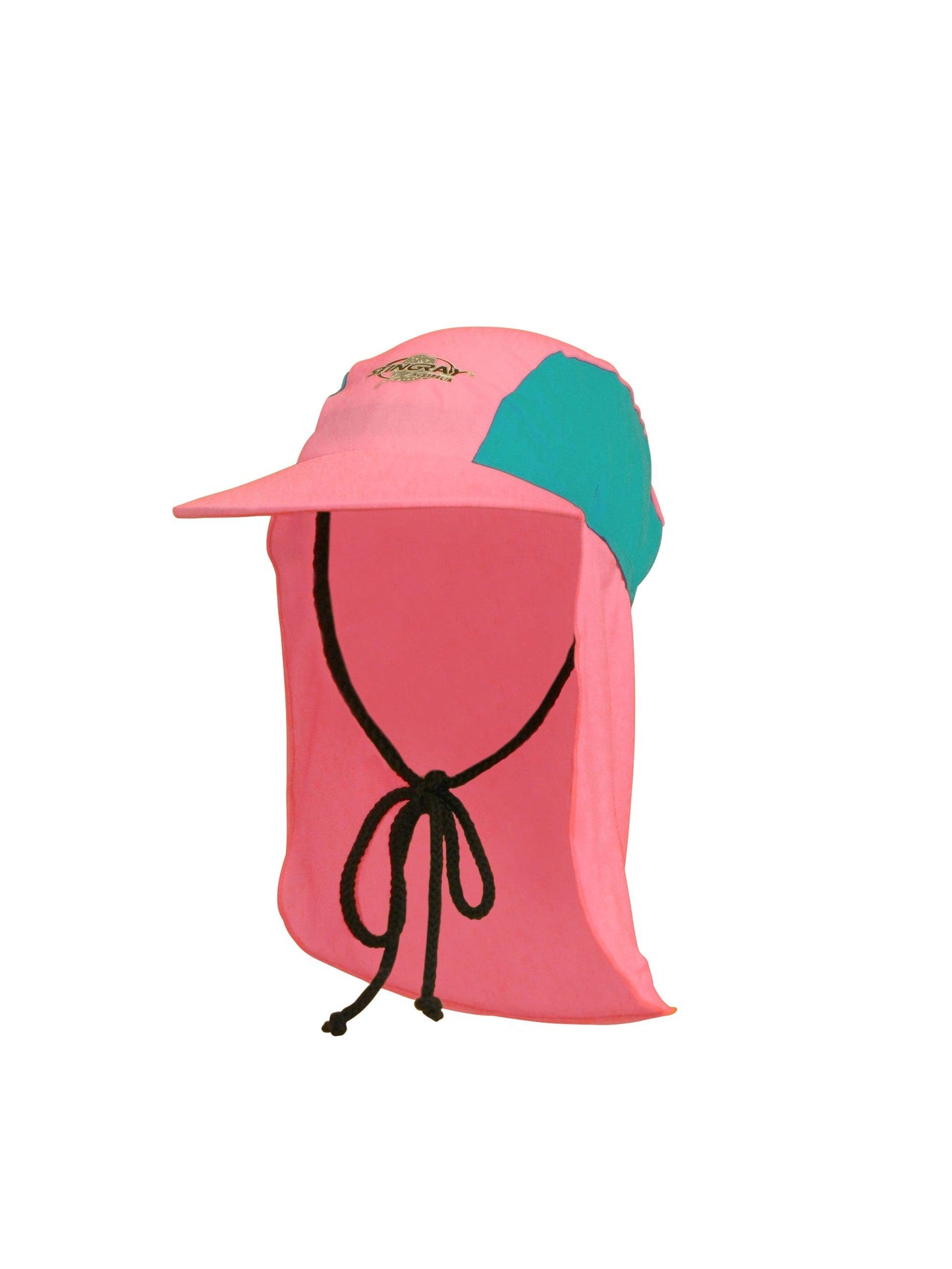 Pink and topaz blue Stingray Kids' Legionnaire Cap UPF 50+ in chlorine-resistant fabric, offering sun protection and featuring a secure drawstring.