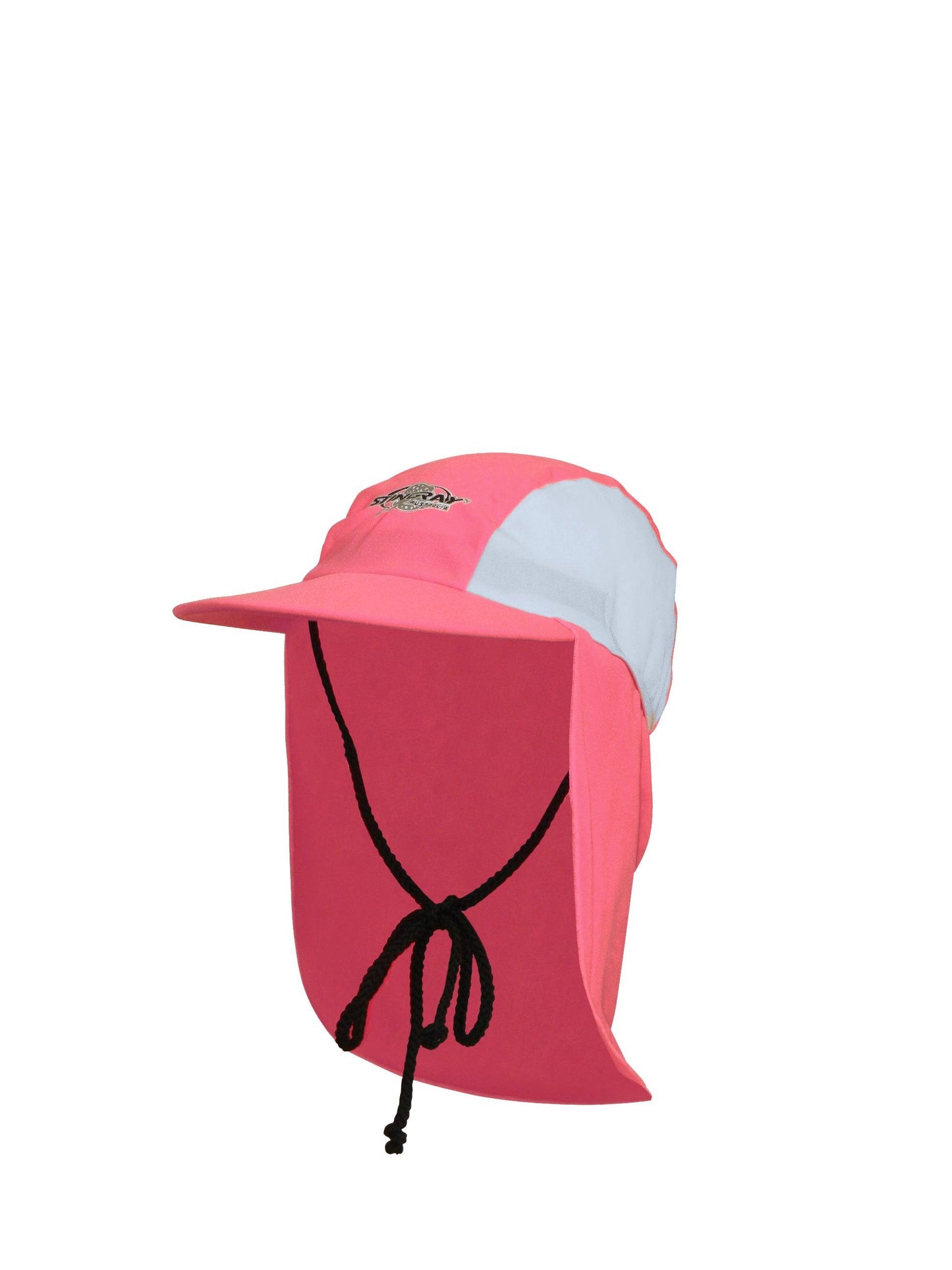 Pink and white Stingray Kids' Legionnaire Cap UPF 50+ in chlorine-resistant fabric, offering sun protection and featuring a secure drawstring.