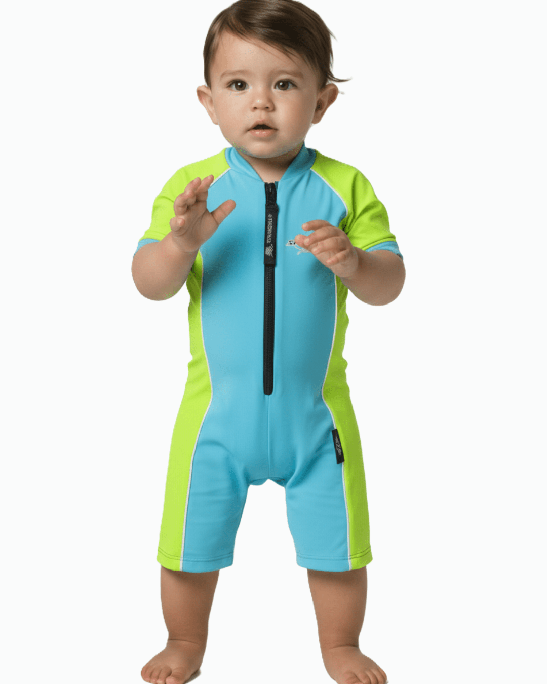 Toddler wearing a blue and yellow UPF 50+ swimsuit on a white background