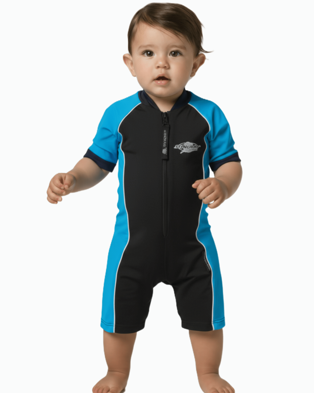 Baby wearing a black and blue UV swimsuit on a white background