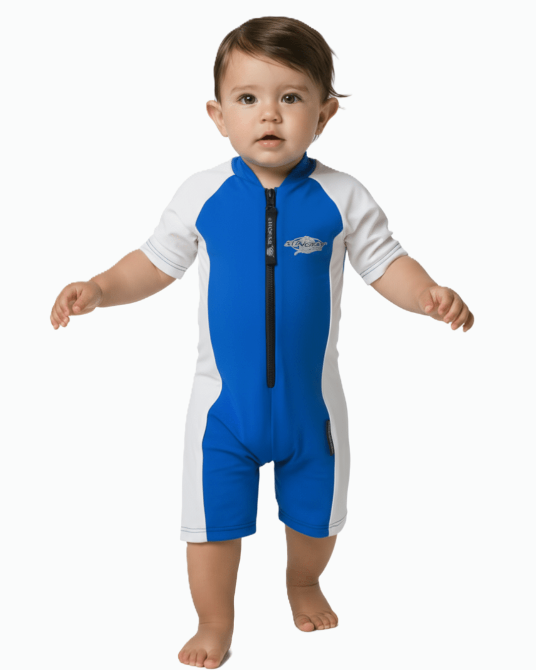 Baby wearing a blue and white UV protection swimsuit on a white background