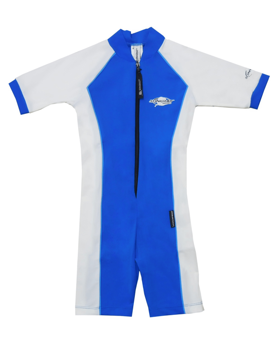 Flat lay of a blue and white children's UV sunsuit with a Stingray logo on a white background