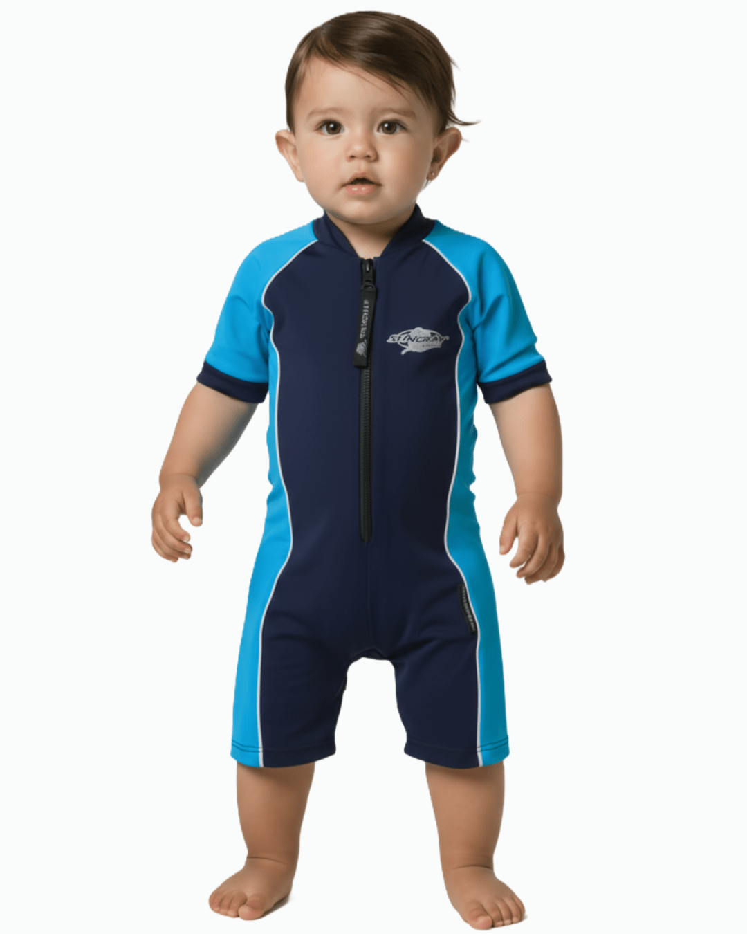 Baby wearing a blue and navy UV swimsuit on a white background