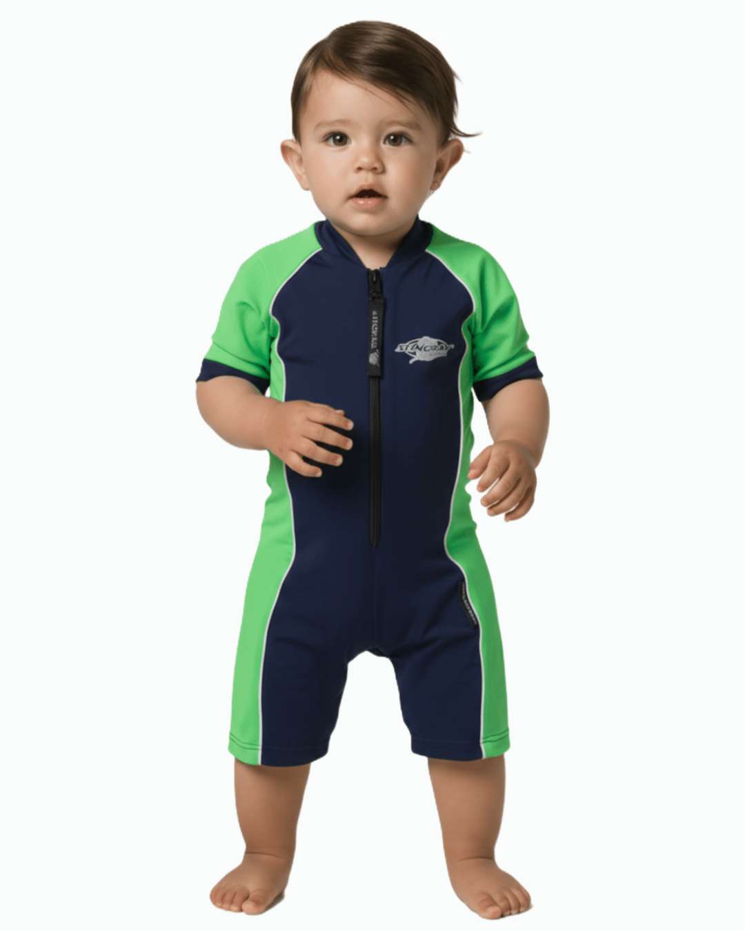 Baby wearing a navy and green UV one piece swimsuit on a white background