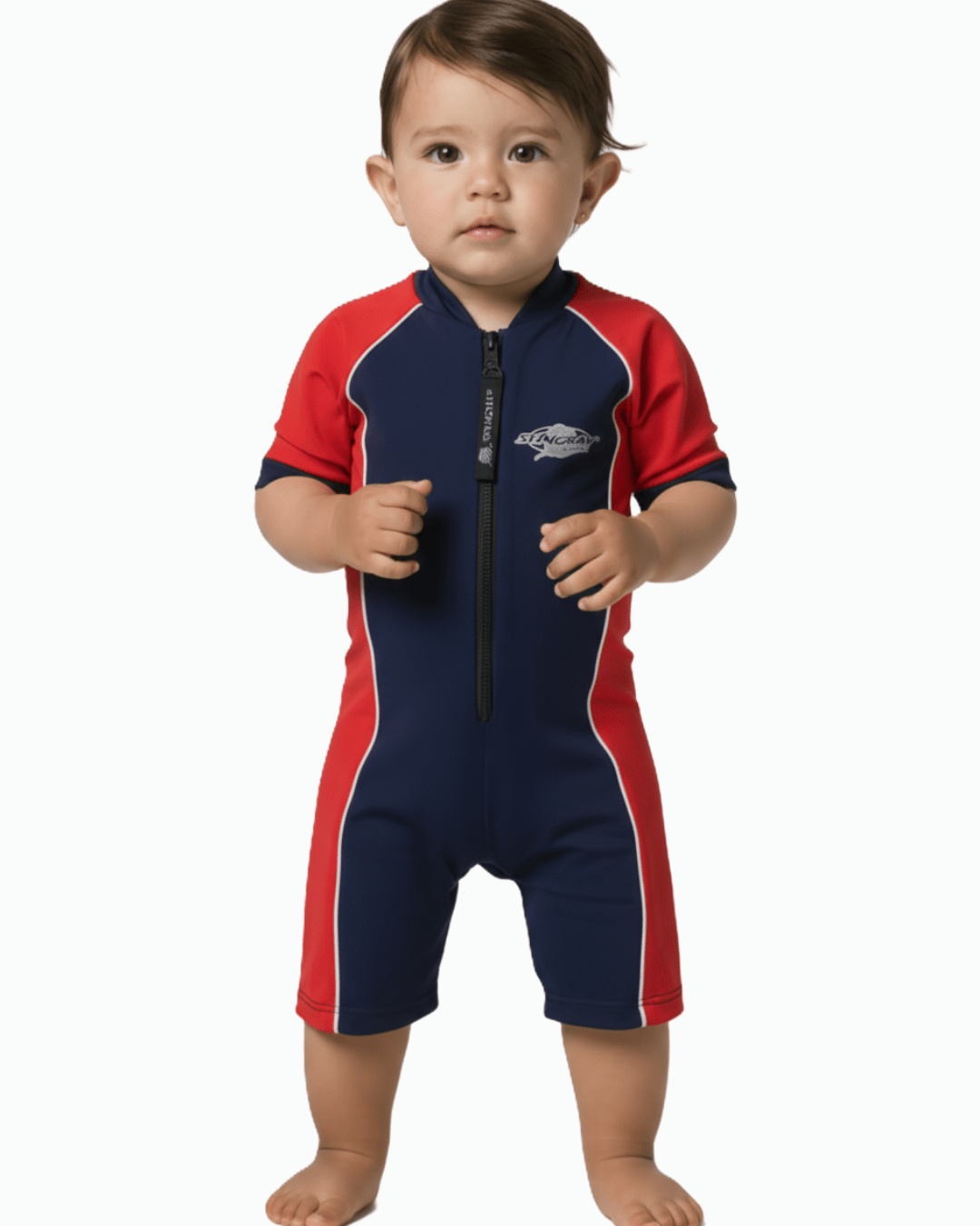 Toddler wearing a red and navy UPF 50+ swimsuit on a white background