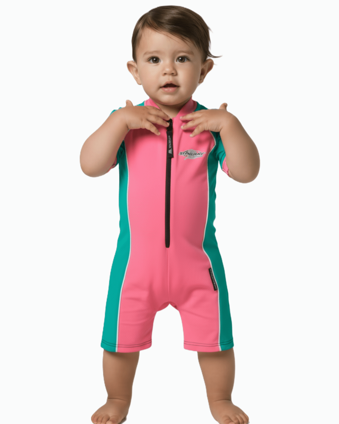Toddler wearing a pink and teal UV swimsuit on a white background