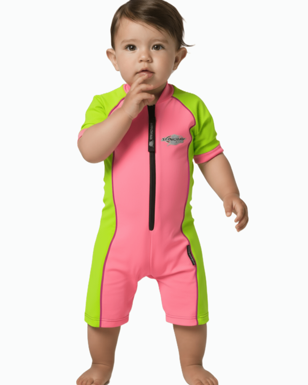 Baby wearing a pink and yellow UV protection swimsuit on a white background