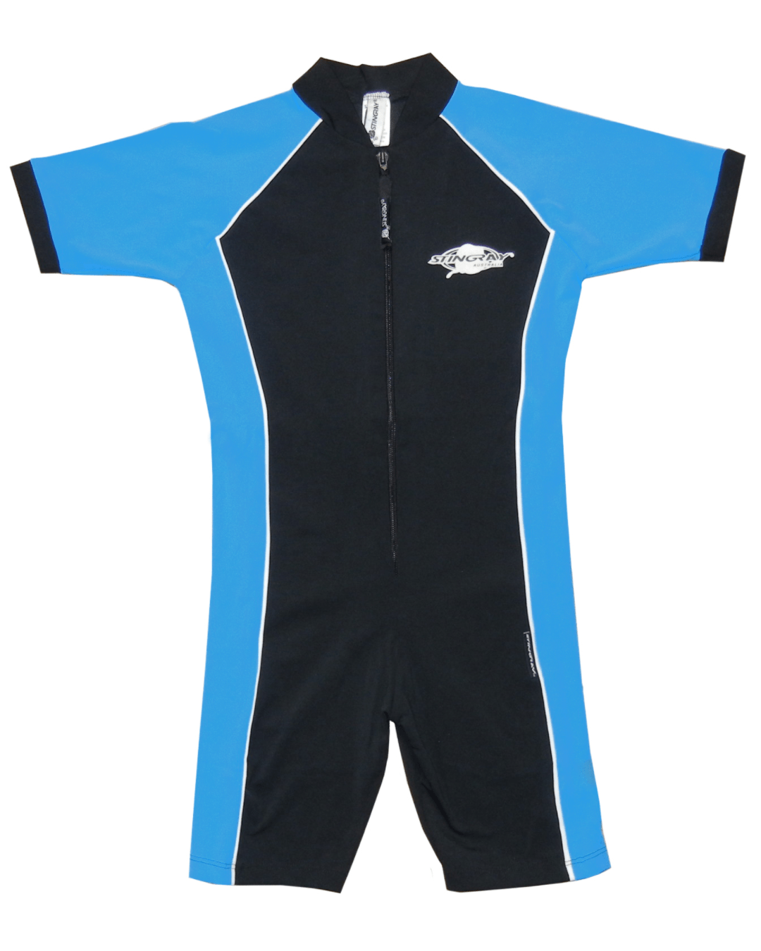 Flat lay of a black and blue full-body UPF 50+ swimsuit for toddlers and babies with a Stingray brand logo on a white background