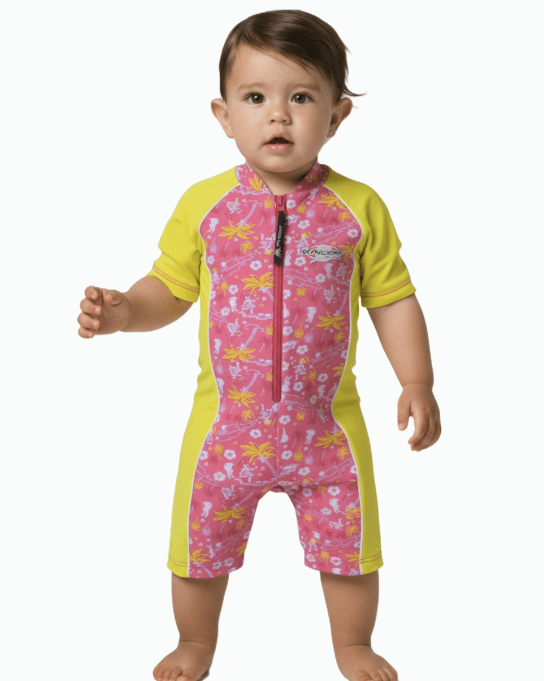 Baby wearing a pink and yellow floral sun protection swimsuit on a white background