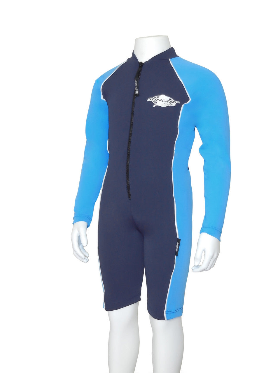 Navy and azure Stingray Kids' Long Sleeve Sunsuit UPF 50+ designed for full sun protection with long sleeves, high collar, and chlorine-resistant fabric.