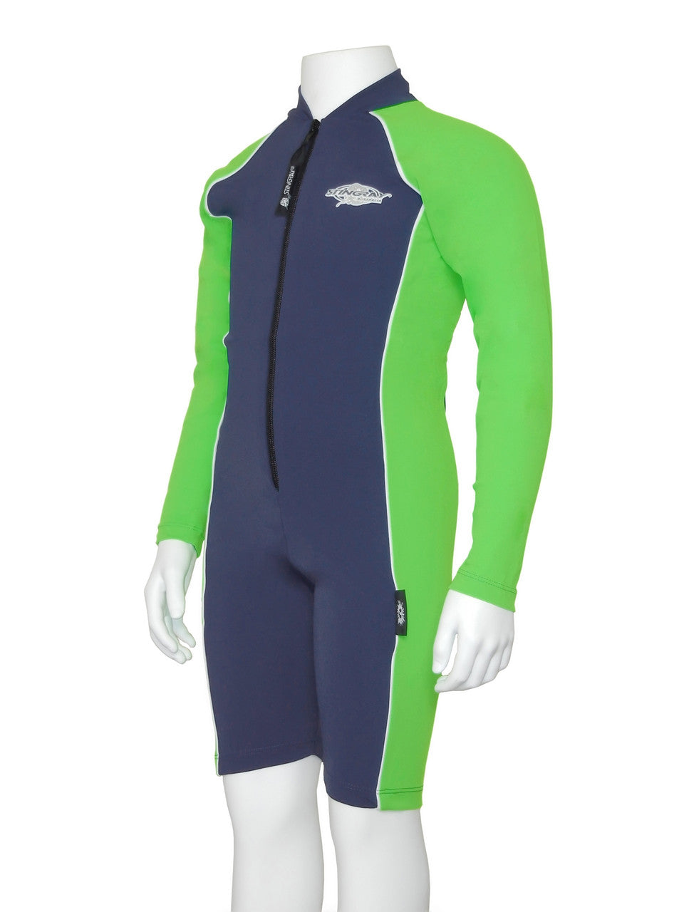 Navy and lime Stingray Kids' Long Sleeve Sunsuit UPF 50+, designed for full sun protection with long sleeves, high collar, and chlorine-resistant fabric.