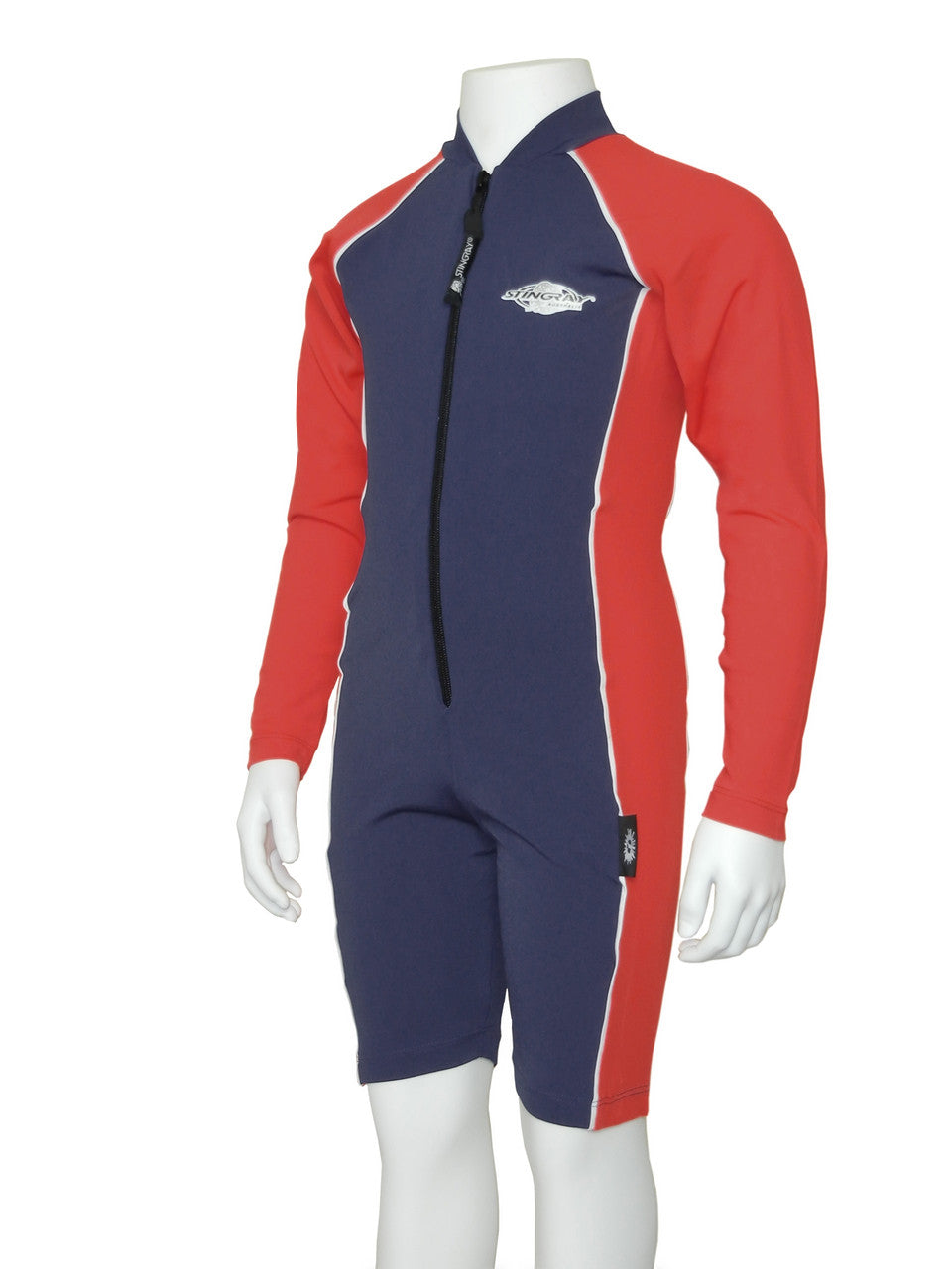 Navy and red Navy and lime Stingray Kids' Long Sleeve Sunsuit UPF 50+, designed for full sun protection with long sleeves, high collar, and chlorine-resistant fabric.