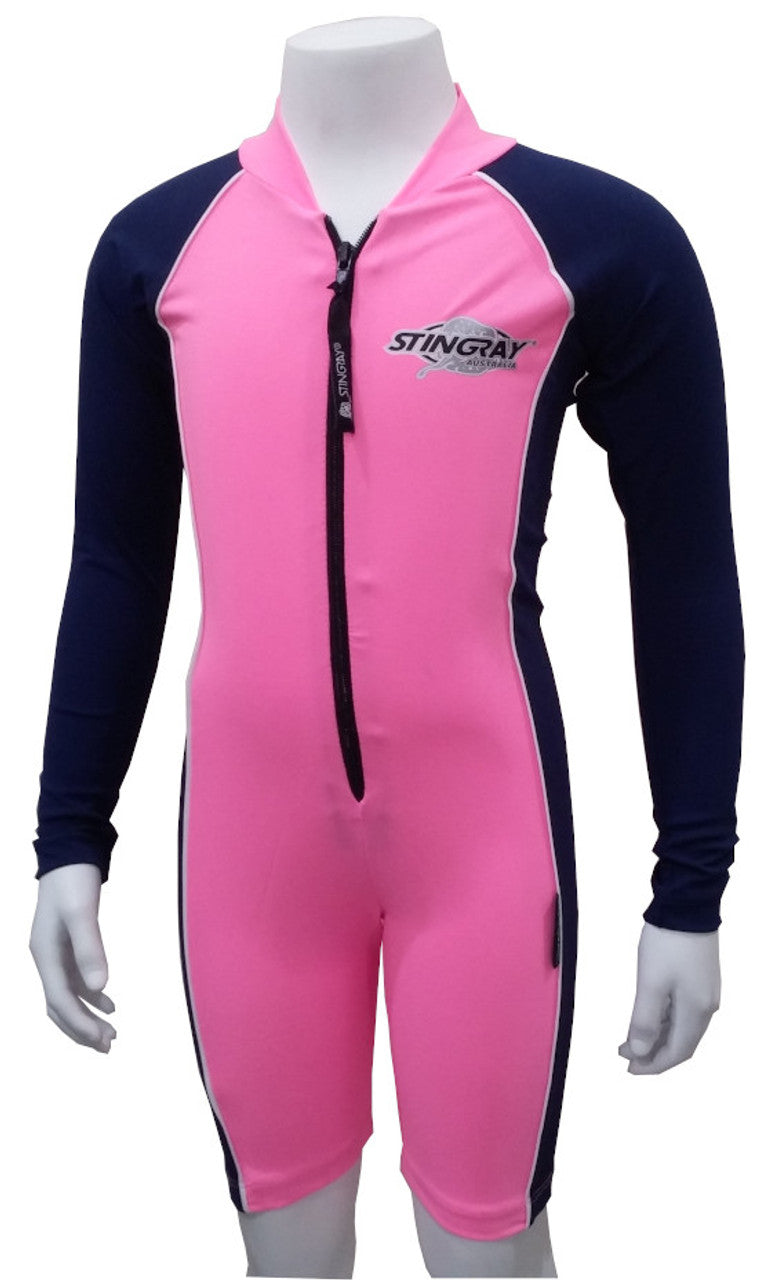 Pink and navy Stingray Kids' Long Sleeve Sunsuit UPF 50+, designed for full sun protection with long sleeves, high collar, and chlorine-resistant fabric.