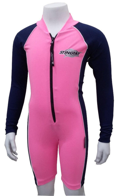 Pink and navy Stingray Toddler Kids' Long Sleeve Sunsuit UPF 50+, designed for full sun protection with long sleeves, high collar, and chlorine-resistant fabric.