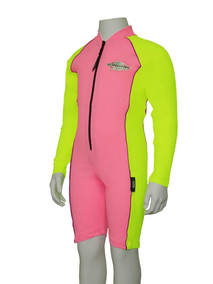 Pink and yellow Stingray Toddler Kids' Long Sleeve Sunsuit UPF 50+, designed for full sun protection with long sleeves, high collar, and chlorine-resistant fabric.