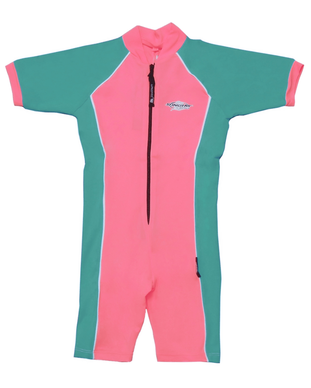 Flat lay of a pink and teal children's full body UV sunsuit on a white background