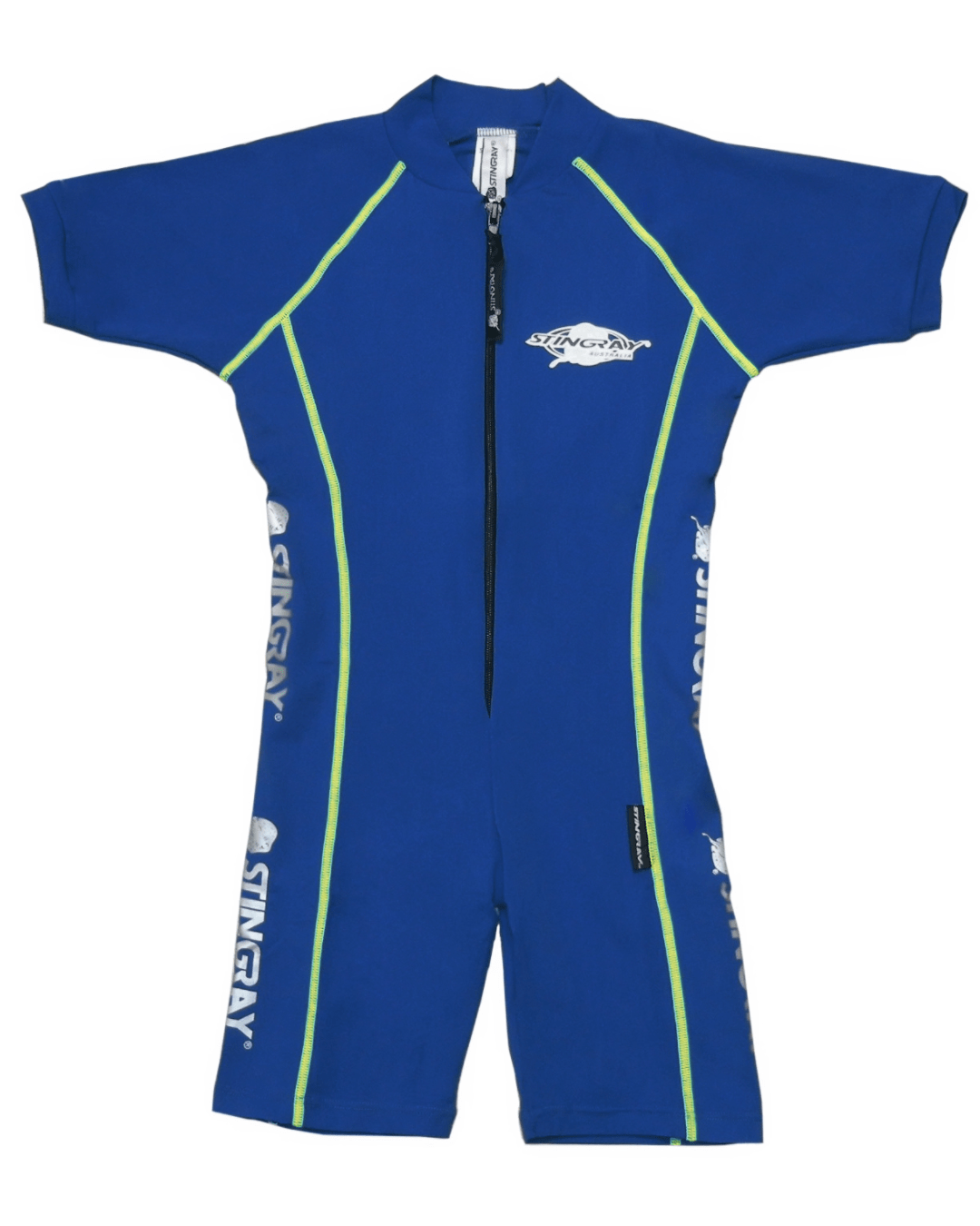 Flat lay of a toddler's blue sunsuit with green stitching on a white background