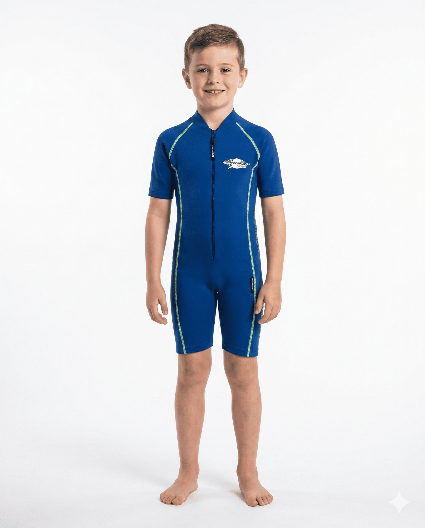 8 year old boy wearing a blue short sleeve UV protection swimsuit on a white background