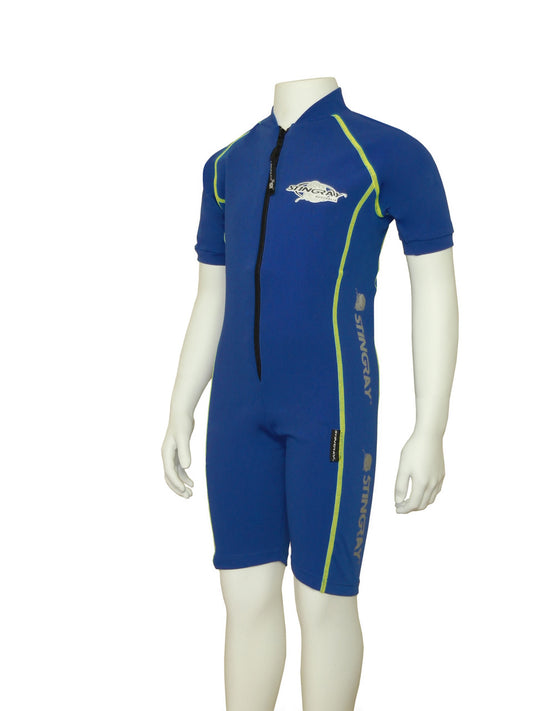 Ocean blue Stingray Kids' Short Sleeve Sunsuit in Sport Style, showcasing its sleek design and the best UPF 50+ sun protection.