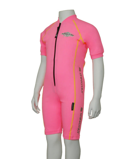 Pink Stingray Kids' Short Sleeve Sunsuit in Sport Style, showcasing its sleek design and the best UPF 50+ sun protection.