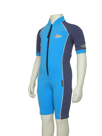 Stingray Short Sleeve Sunsuit in azure and navy blue, showcasing its UPF 50+ sun protection and sleek design.