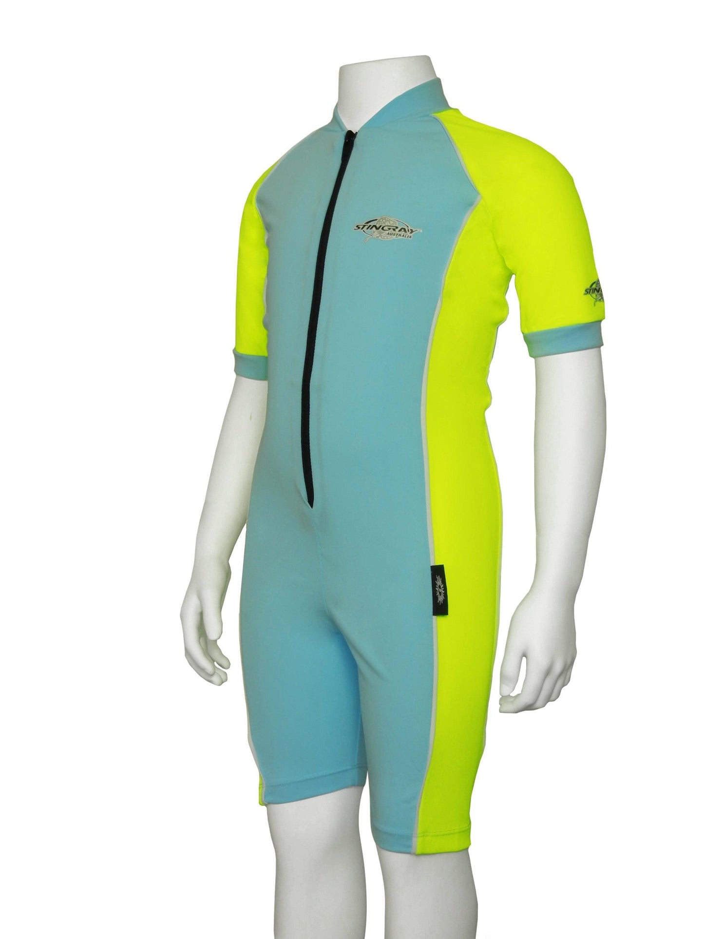 Stingray Short Sleeve Sunsuit in aqua and yellow, showcasing its UPF 50+ sun protection and sleek design.