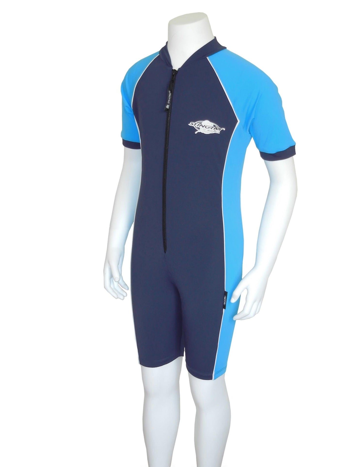 Stingray Short Sleeve Sunsuit in Navy Blue and Azure, showcasing its UPF 50+ sun protection and sleek design.