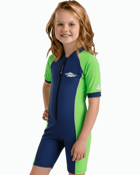 Child wearing a blue and green UPF 50+ sun protection swimsuit on a white background