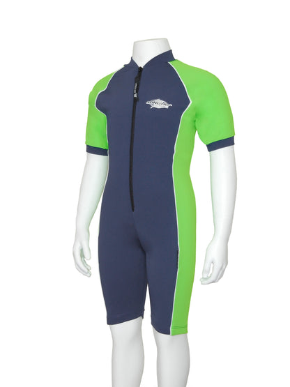 Navy and lime green Stingray Toddler Short Sleeve Sunsuit UPF 50+, offering full-body coverage and blocking over 97.5% of harmful UV rays. Perfect for swimming and outdoor activities.