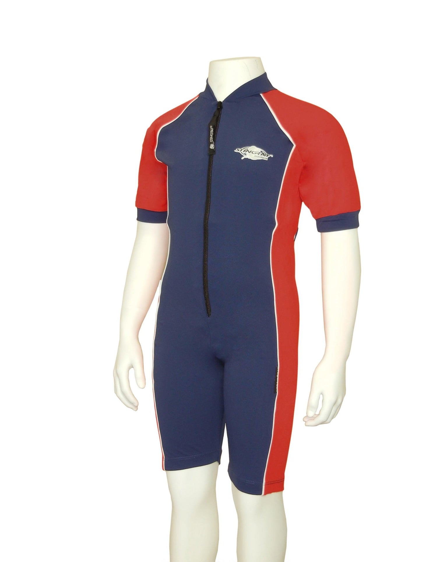 Stingray Short Sleeve Sunsuit in navy and red, showcasing its UPF 50+ sun protection and sleek design.