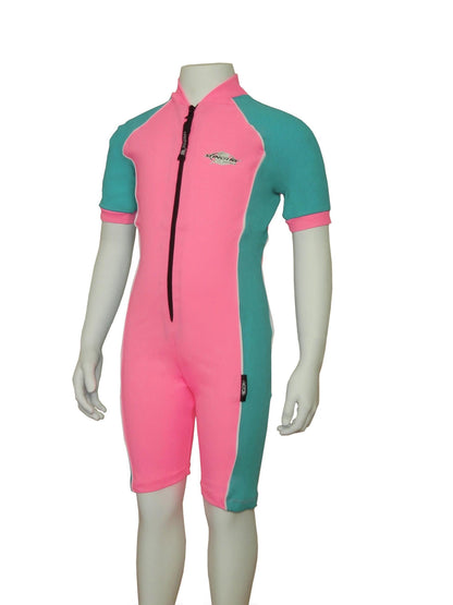 Stingray Short Sleeve Sunsuit in Pink and Topaz Blue, showcasing its UPF 50+ sun protection and sleek design.