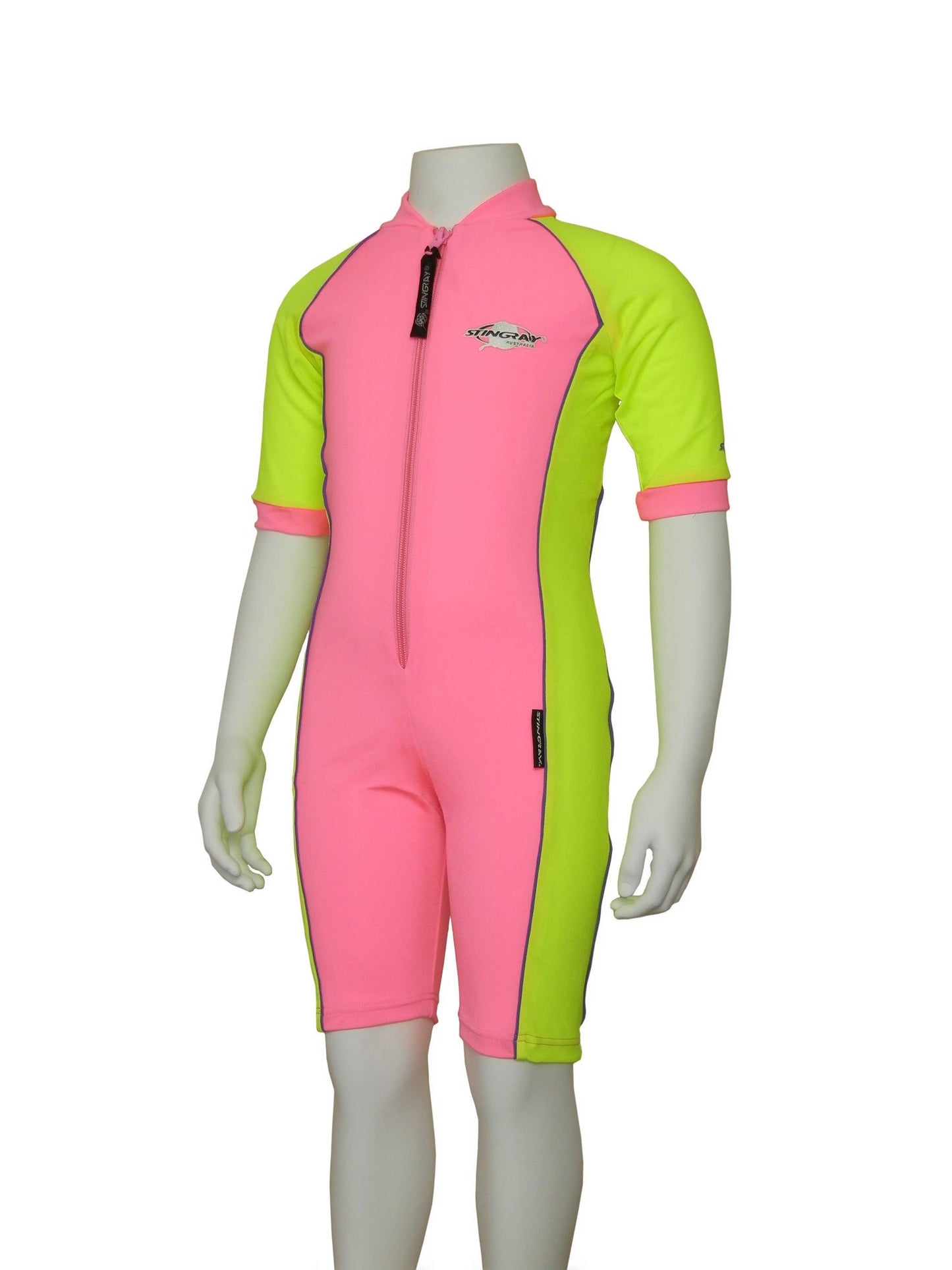 Stingray Short Sleeve Sunsuit in Pink and Yellow, showcasing its UPF 50+ sun protection and sleek design.