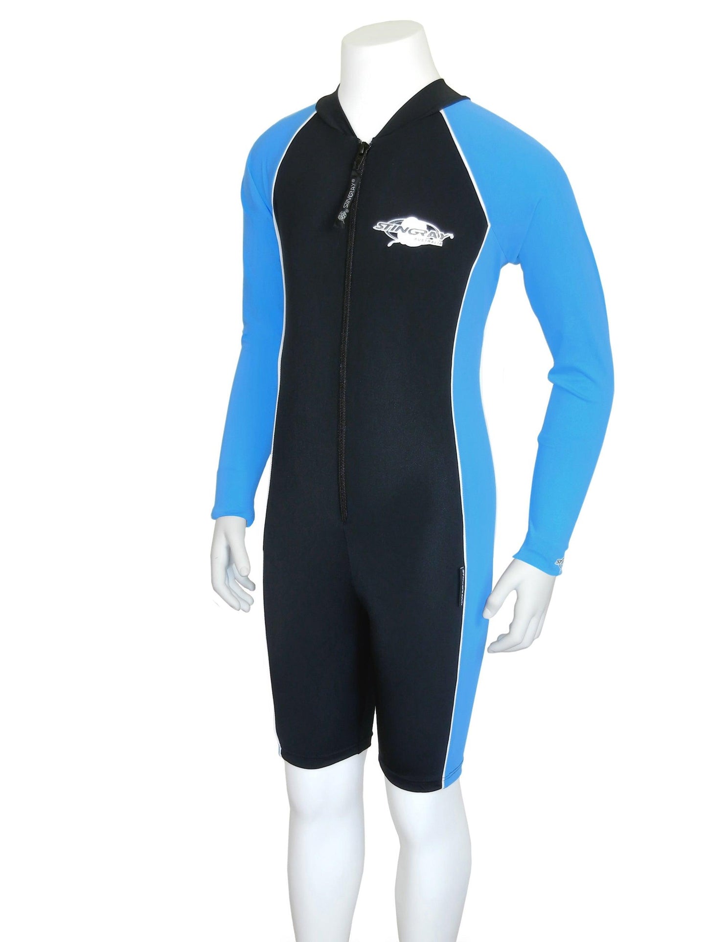 Black and azure Stingray Kids' Long Sleeve Sunsuit UPF 50+, designed for full sun protection with long sleeves, high collar, and chlorine-resistant fabric.