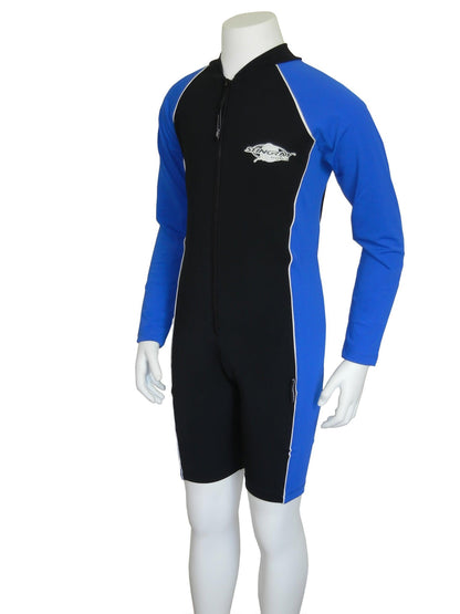 Black and royal blue Stingray Kids' Long Sleeve Sunsuit UPF 50+, designed for full sun protection with long sleeves, high collar, and chlorine-resistant fabric.