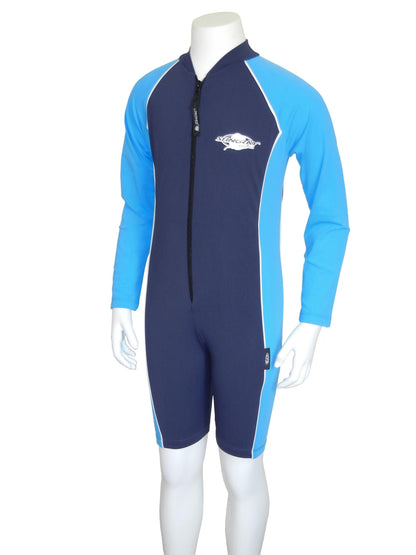 Navy and azure Stingray Toddler Kids' Long Sleeve Sunsuit UPF 50+ designed for full sun protection with long sleeves, high collar, and chlorine-resistant fabric.