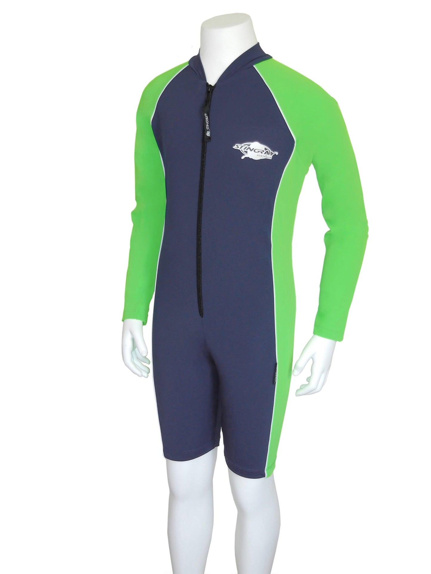 Navy and lime Stingray Toddler Kids' Long Sleeve Sunsuit UPF 50+, designed for full sun protection with long sleeves, high collar, and chlorine-resistant fabric.