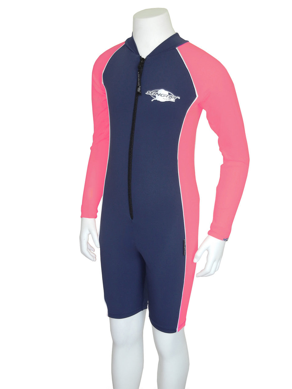 Navy and pink Stingray Kids' Long Sleeve Sunsuit UPF 50+, designed for full sun protection with long sleeves, high collar, and chlorine-resistant fabric.