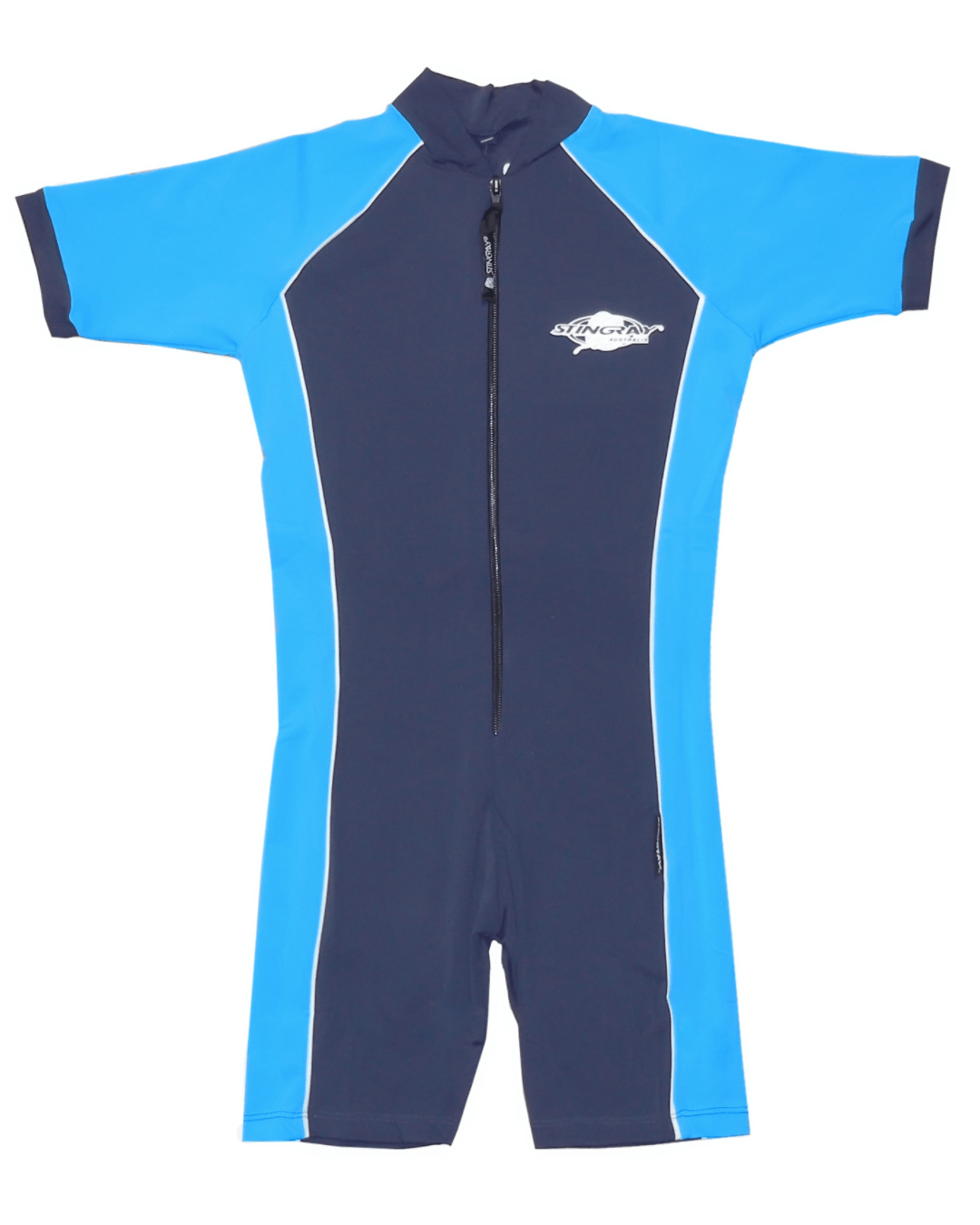 Flat lay of baby and toddler's azure and navy UPF 50+ sunsuit with a Stingray logo on a white background
