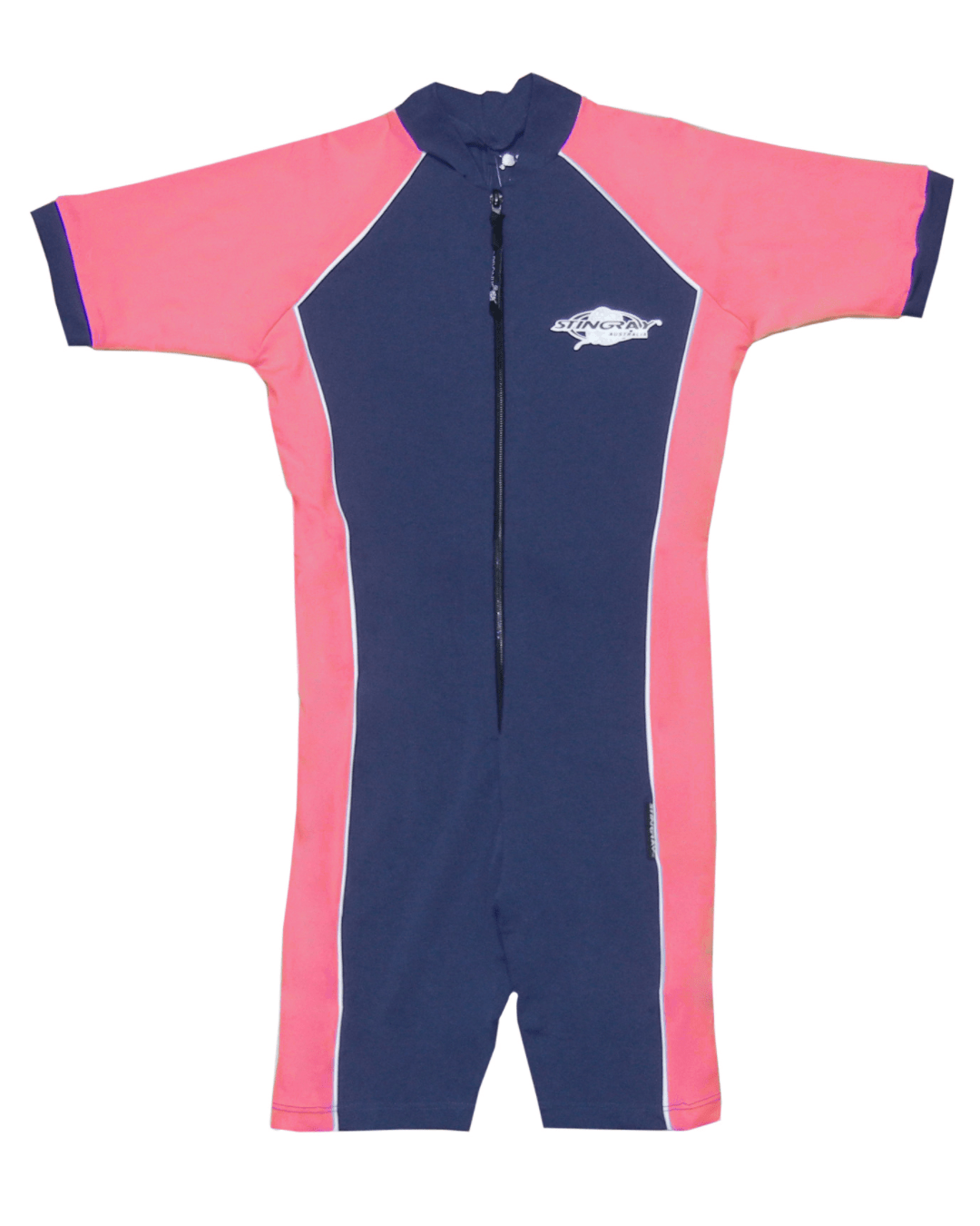 Flat lay of a pink and navy blue UPF 50+ full body swimsuit for toddlers and babies with a Stingray logo on a white background