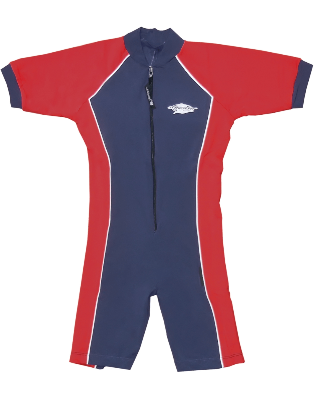 Flat lay of a baby & toddler red and blue UPF 50+ sunsuit on a white background