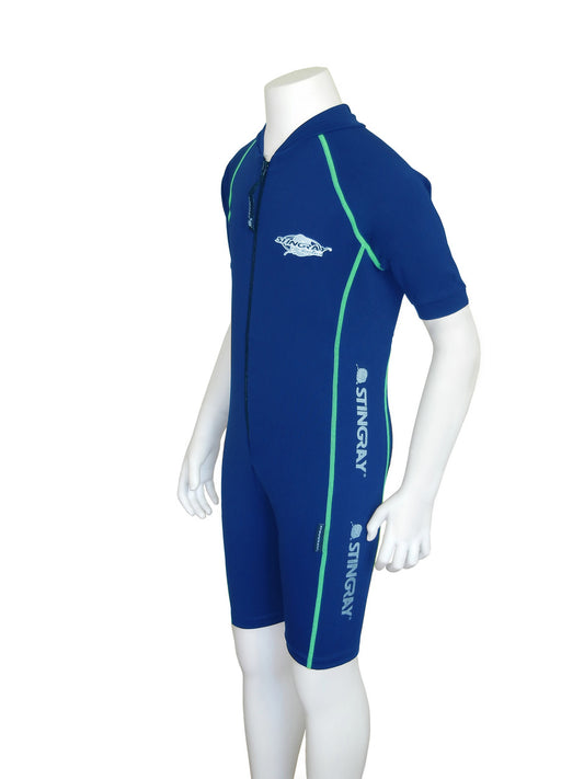 Navy Stingray Kids' Short Sleeve Sunsuit in Sport Style, showcasing its UPF 50+ sun protection and sleek, full-body swimsuit design.