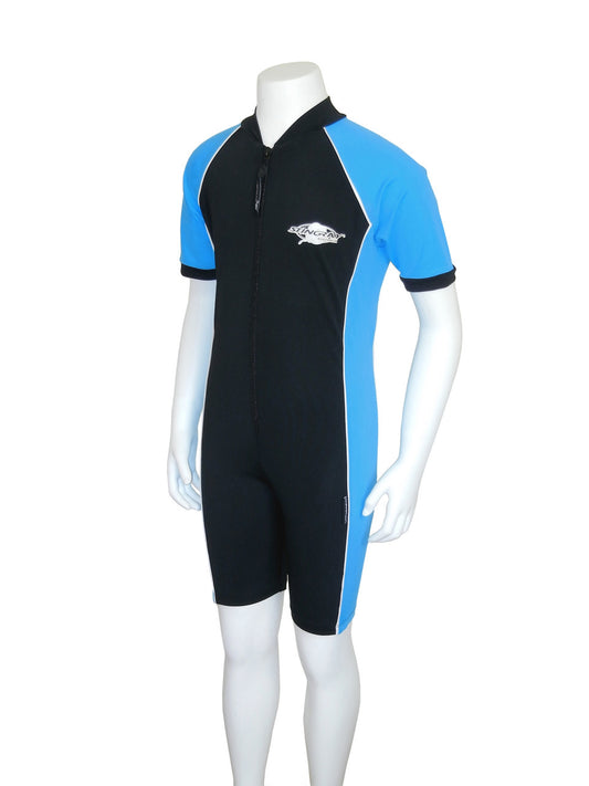 Stingray Short Sleeve Sunsuit in black and azure, showcasing its UPF 50+ sun protection and sleek design.