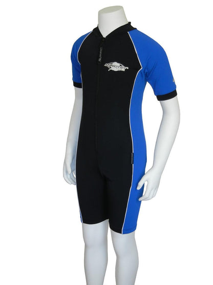 Stingray Short Sleeve Sunsuit in black and royal blue, showcasing its UPF 50+ sun protection and sleek design.