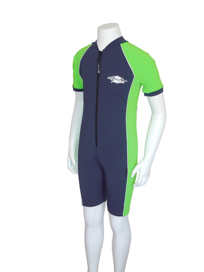 Stingray Short Sleeve Sunsuit in Navy Blue and Lime, showcasing its UPF 50+ sun protection and sleek design.