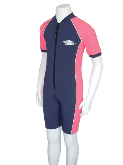 Stingray Short Sleeve Sunsuit in Navy Blue and Pink, showcasing its UPF 50+ sun protection and sleek design.