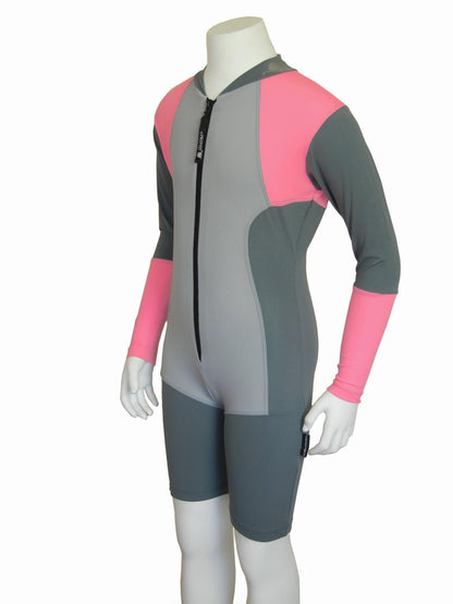 Grey and pink Stingray Kids' Long Sleeve Sunsuit UPF 50+, designed for full sun protection with long sleeves, high collar, and chlorine-resistant fabric.